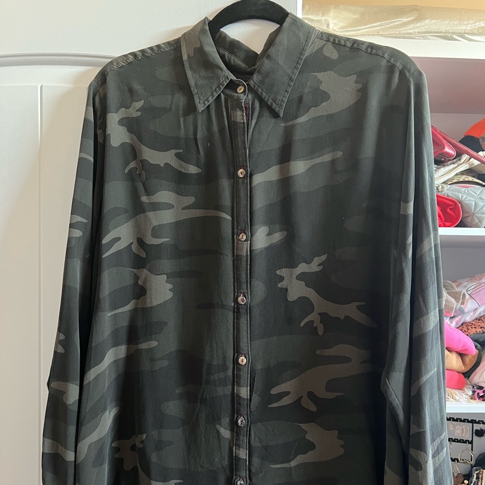 Johnny Was tunic length silk button down top with embroidered back